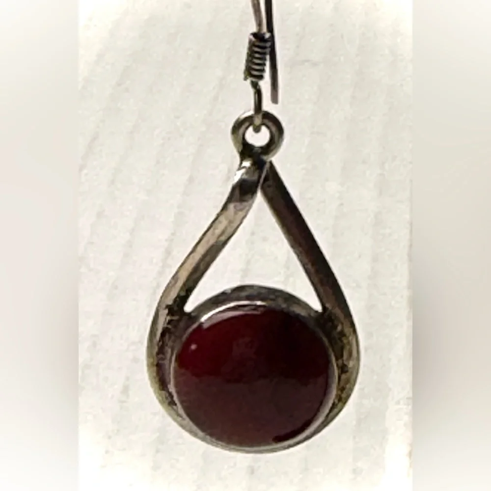 Vintage Sterling Silver 925‎ Red Cabochon Gemstone Dangle Earrings Blood Jasper